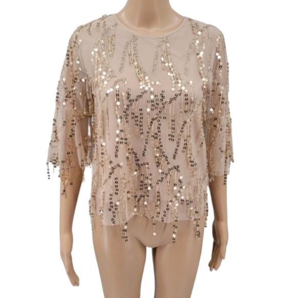 Lucy Paris Mesh Nude Tan and Sequin Fringe Blouse Women's Small - Picture 1 of 12